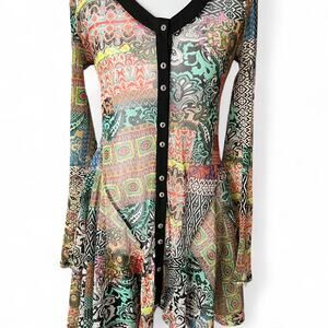 JJ Garella Sheer Patchwork Mesh Button Front Dress Long Sleeve Sz 2 Art